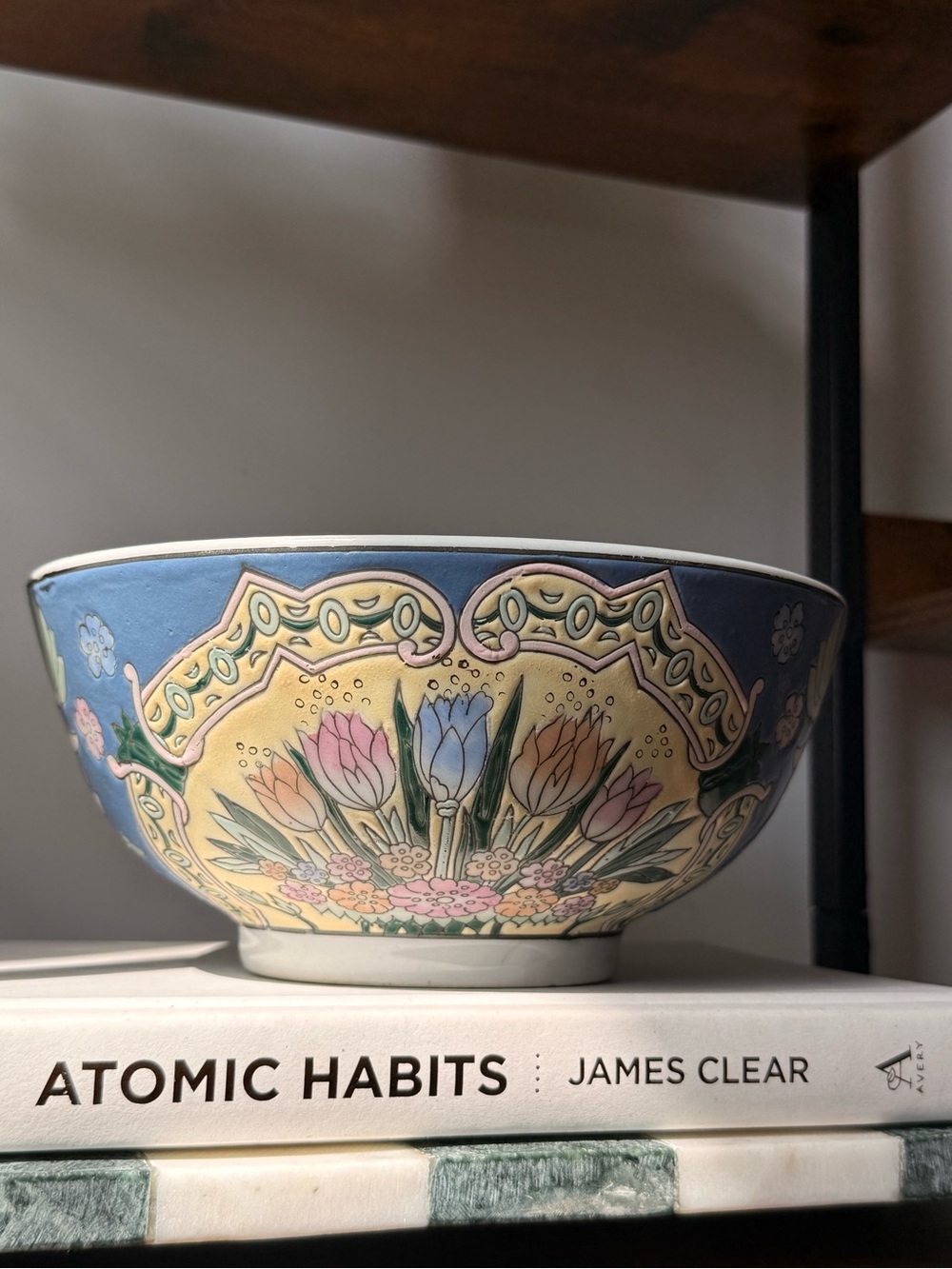 Hand-Painted Floral Ceramic Bowl in Blue, Yellow and Pink